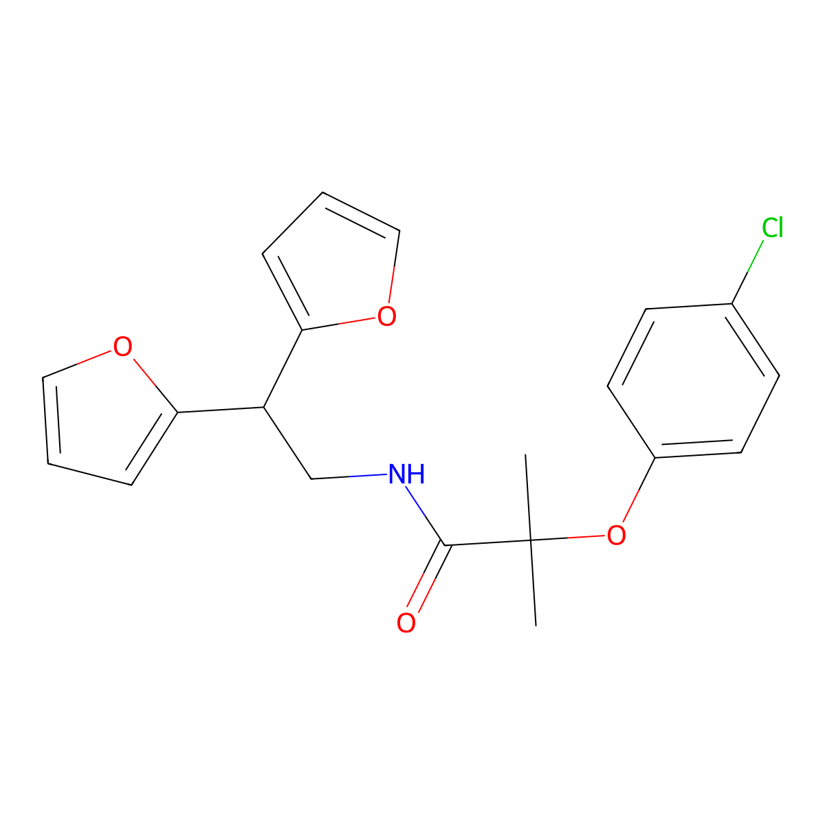 N-[2,2-bis(furan-2-yl)ethyl]-2-(4-chlorophenoxy)-2-methylpropanamide molecular structure, CAS 2319877-35-3