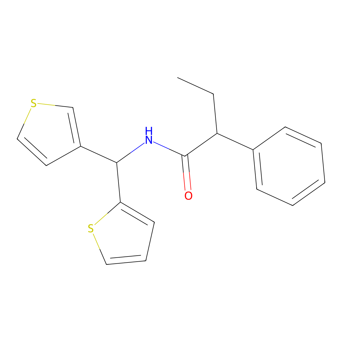 2-phenyl-N-(thiophen-2-yl(thiophen-3-yl)methyl)butanamide molecular structure, CAS 2319877-44-4