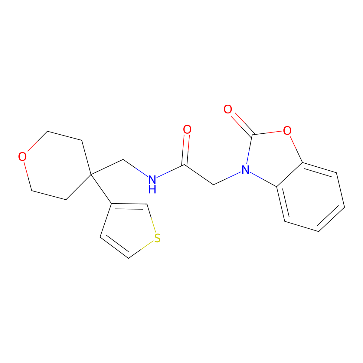 2-(2-oxo-2,3-dihydro-1,3-benzoxazol-3-yl)-N-{[4-(thiophen-3-yl)oxan-4-yl]methyl}acetamide molecular structure, CAS 2319890-81-6