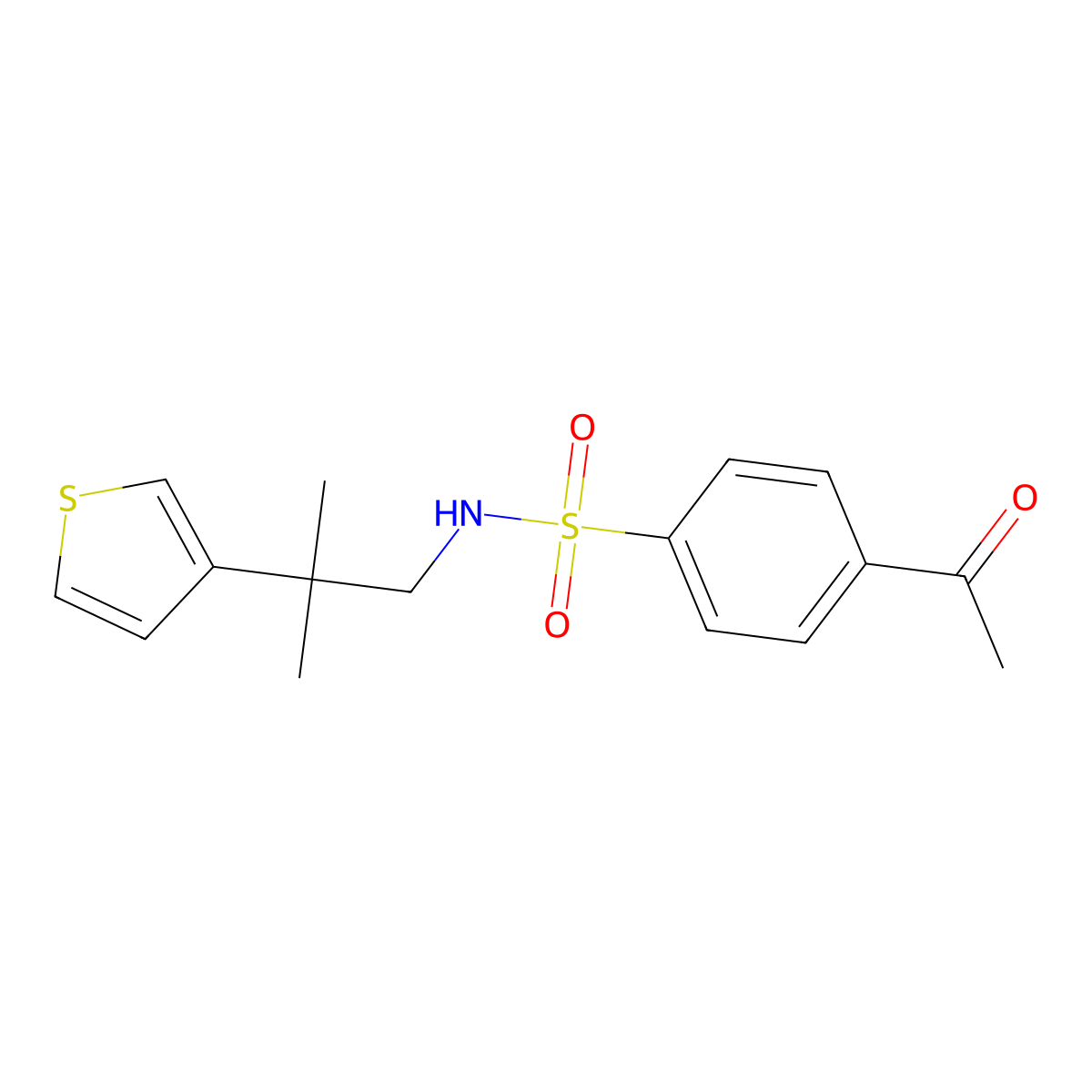 4-acetyl-N-[2-methyl-2-(thiophen-3-yl)propyl]benzene-1-sulfonamide molecular structure, CAS 2319890-96-3