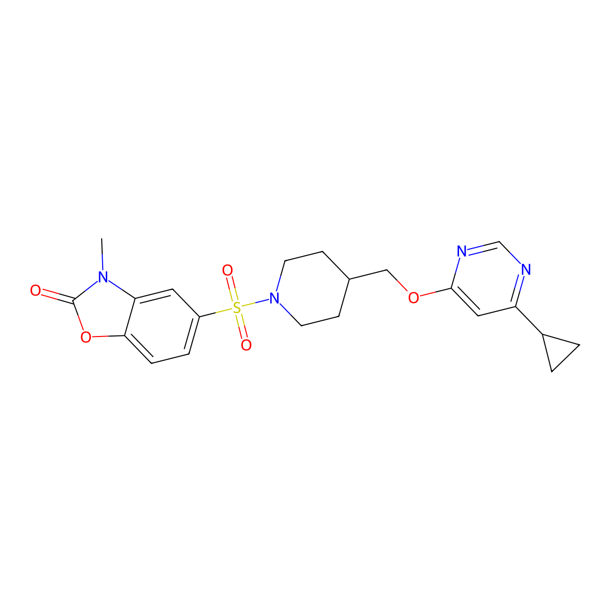 5-((4-(((6-cyclopropylpyrimidin-4-yl)oxy)methyl)piperidin-1-yl)sulfonyl)-3-methylbenzo[d]oxazol-2(3H)-one molecular structure, CAS 2319892-04-9