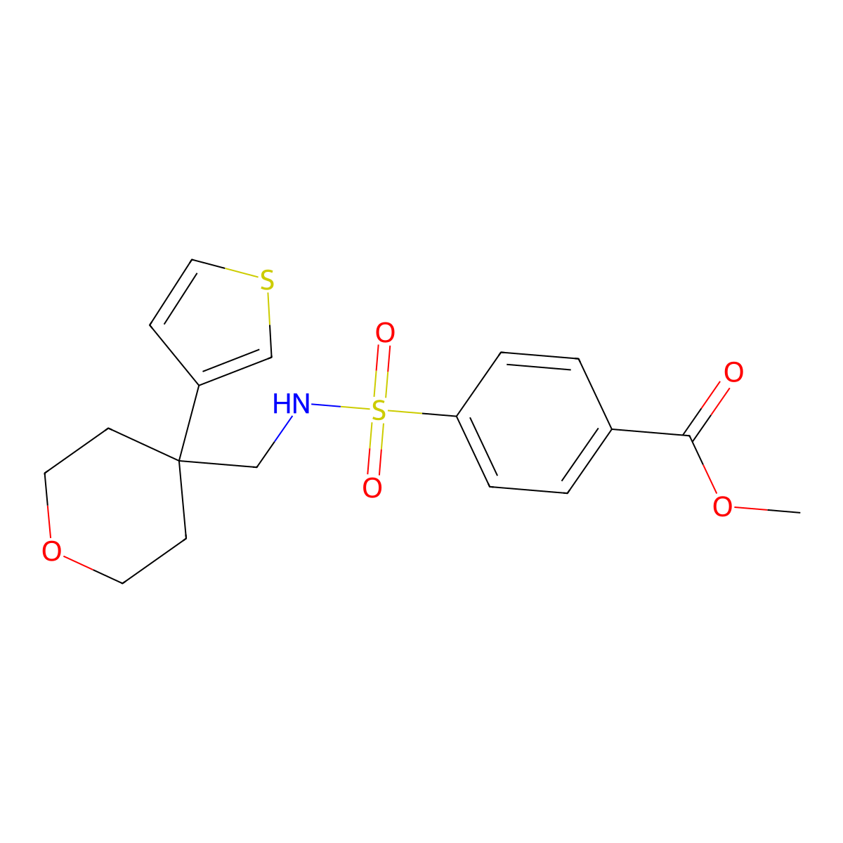 methyl 4-(N-((4-(thiophen-3-yl)tetrahydro-2H-pyran-4-yl)methyl)sulfamoyl)benzoate molecular structure, CAS 2319892-27-6