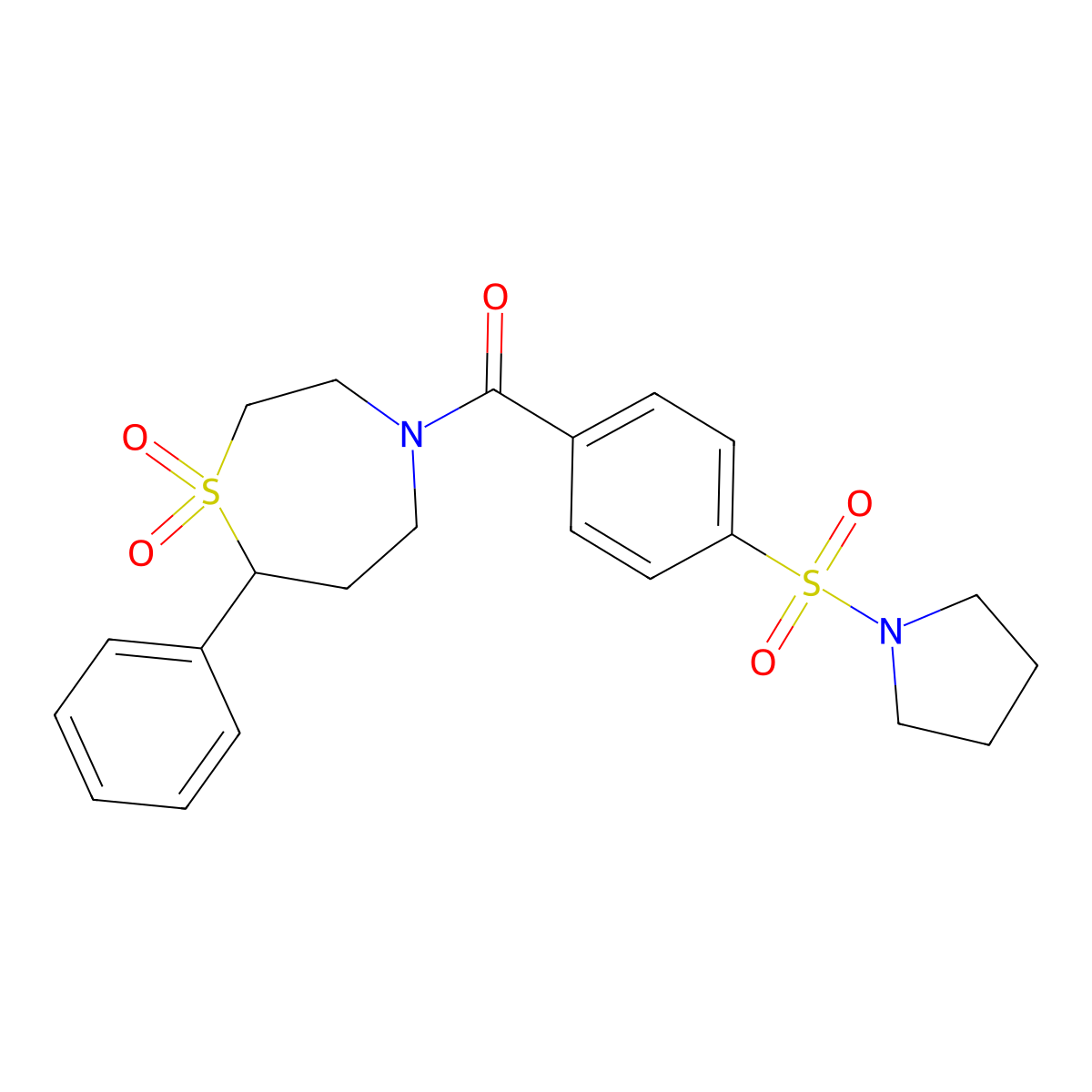 (1,1-Dioxido-7-phenyl-1,4-thiazepan-4-yl)(4-(pyrrolidin-1-ylsulfonyl)phenyl)methanone molecular structure, CAS 2319893-18-8
