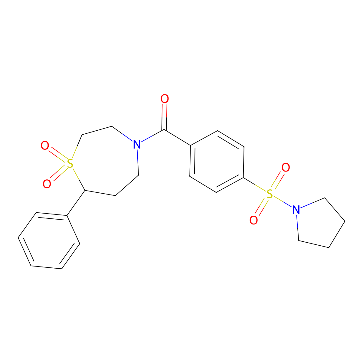 (1,1-Dioxido-7-phenyl-1,4-thiazepan-4-yl)(4-(pyrrolidin-1-ylsulfonyl)phenyl)methanone molecular structure, CAS 2319893-18-8