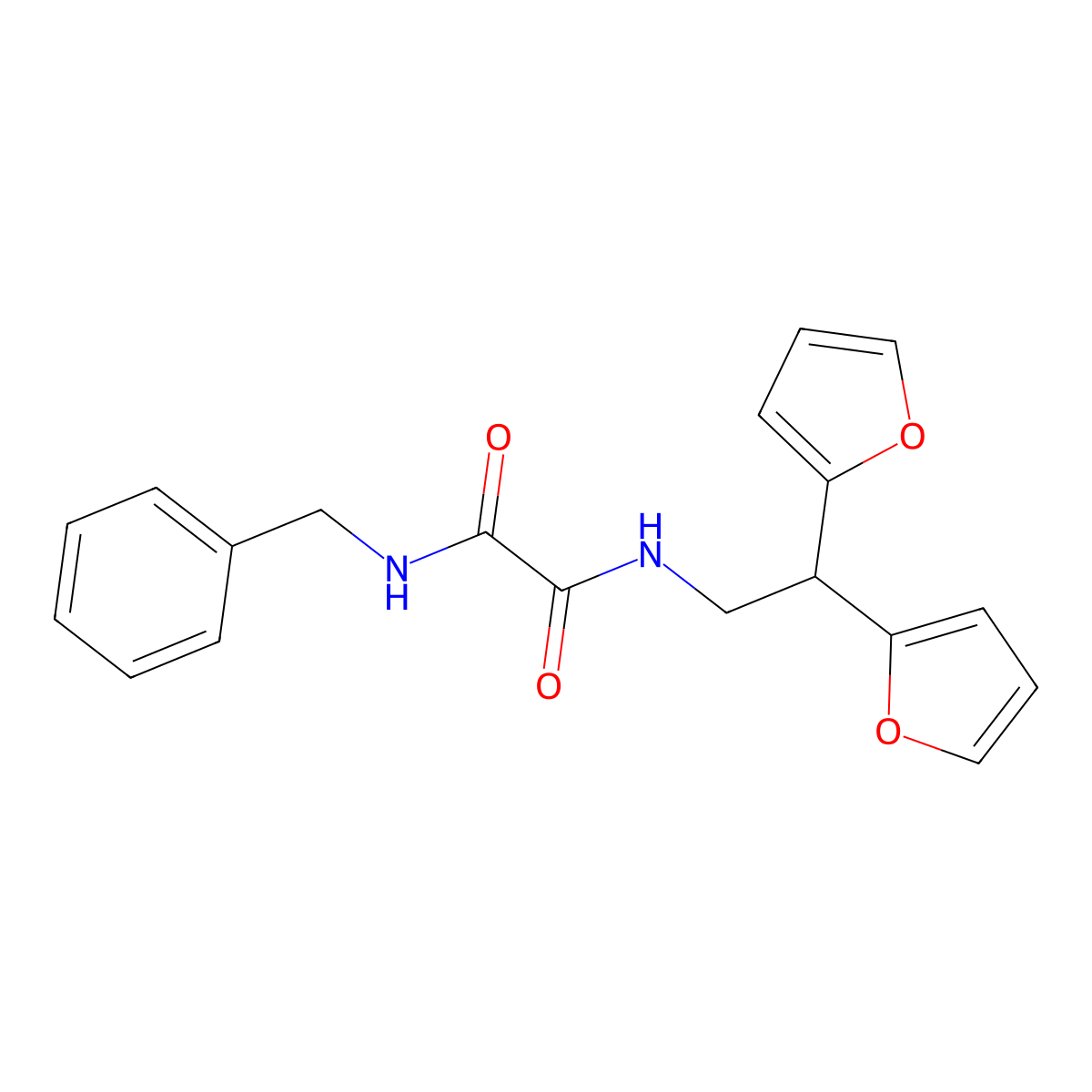 N'-benzyl-N-[2,2-bis(furan-2-yl)ethyl]ethanediamide molecular structure, CAS 2319894-30-7