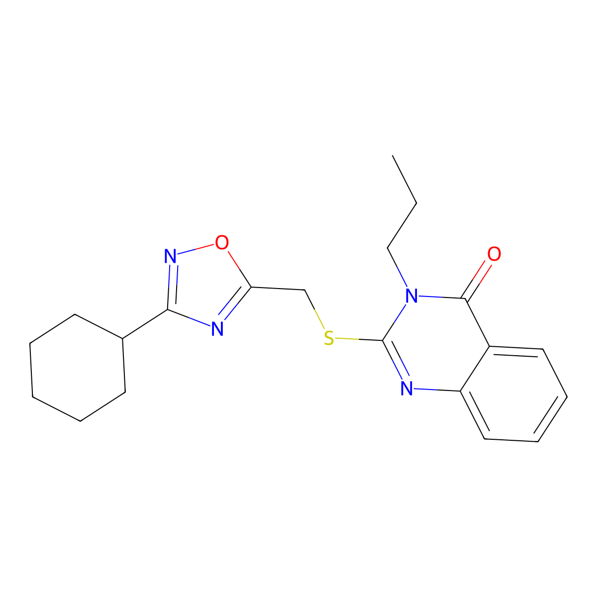 2-(((3-cyclohexyl-1,2,4-oxadiazol-5-yl)methyl)thio)-3-propylquinazolin-4(3H)-one molecular structure, CAS 2319897-30-6