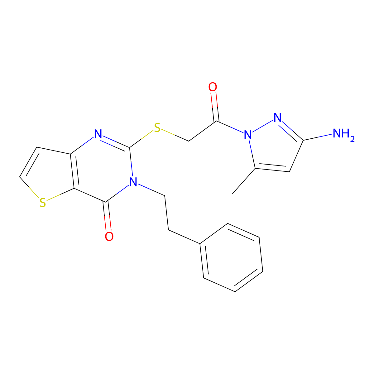 2-{[2-(3-amino-5-methyl-1H-pyrazol-1-yl)-2-oxoethyl]sulfanyl}-3-(2-phenylethyl)-3H,4H-thieno[3,2-d]pyrimidin-4-one molecular structure, CAS 2319897-76-0