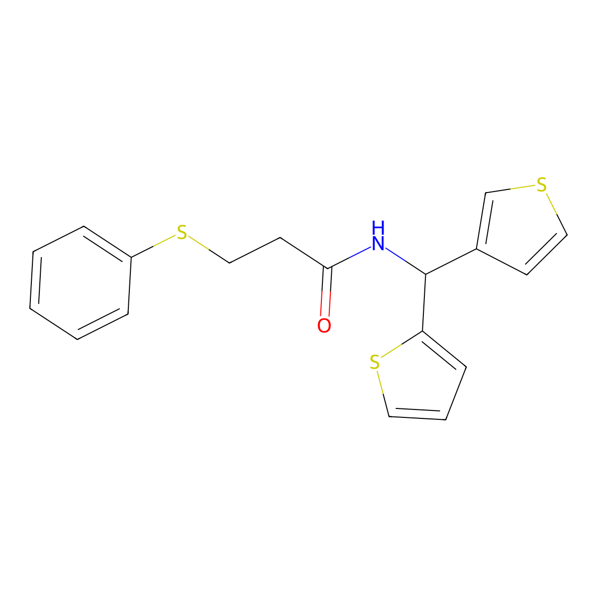 3-(phenylthio)-N-(thiophen-2-yl(thiophen-3-yl)methyl)propanamide molecular structure, CAS 2319922-53-5