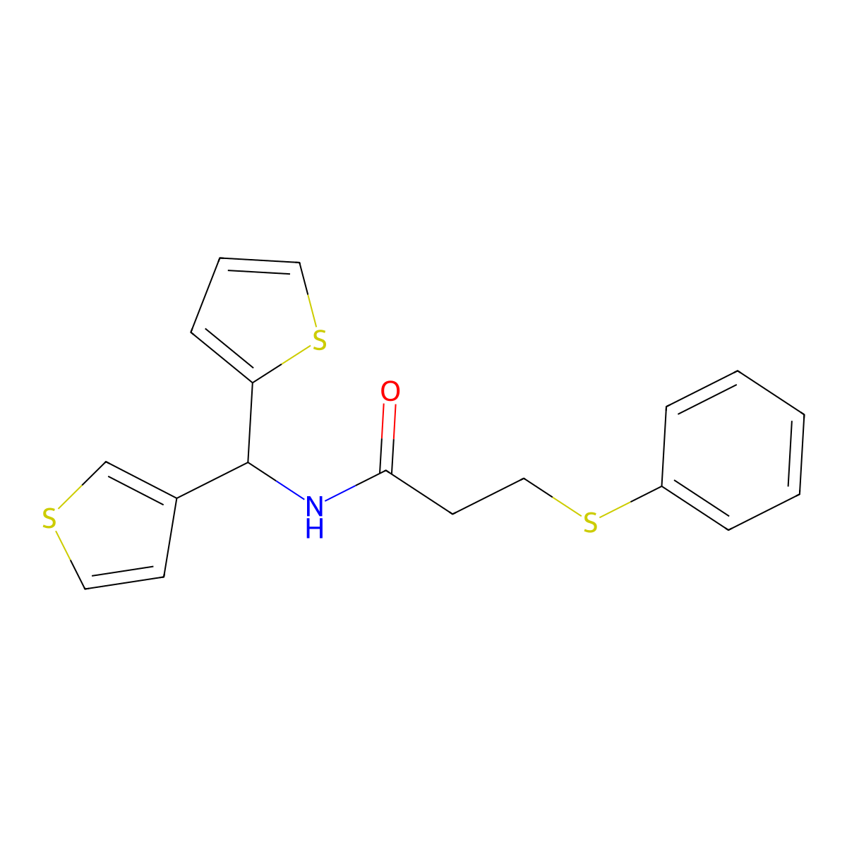 3-(phenylthio)-N-(thiophen-2-yl(thiophen-3-yl)methyl)propanamide molecular structure, CAS 2319922-53-5