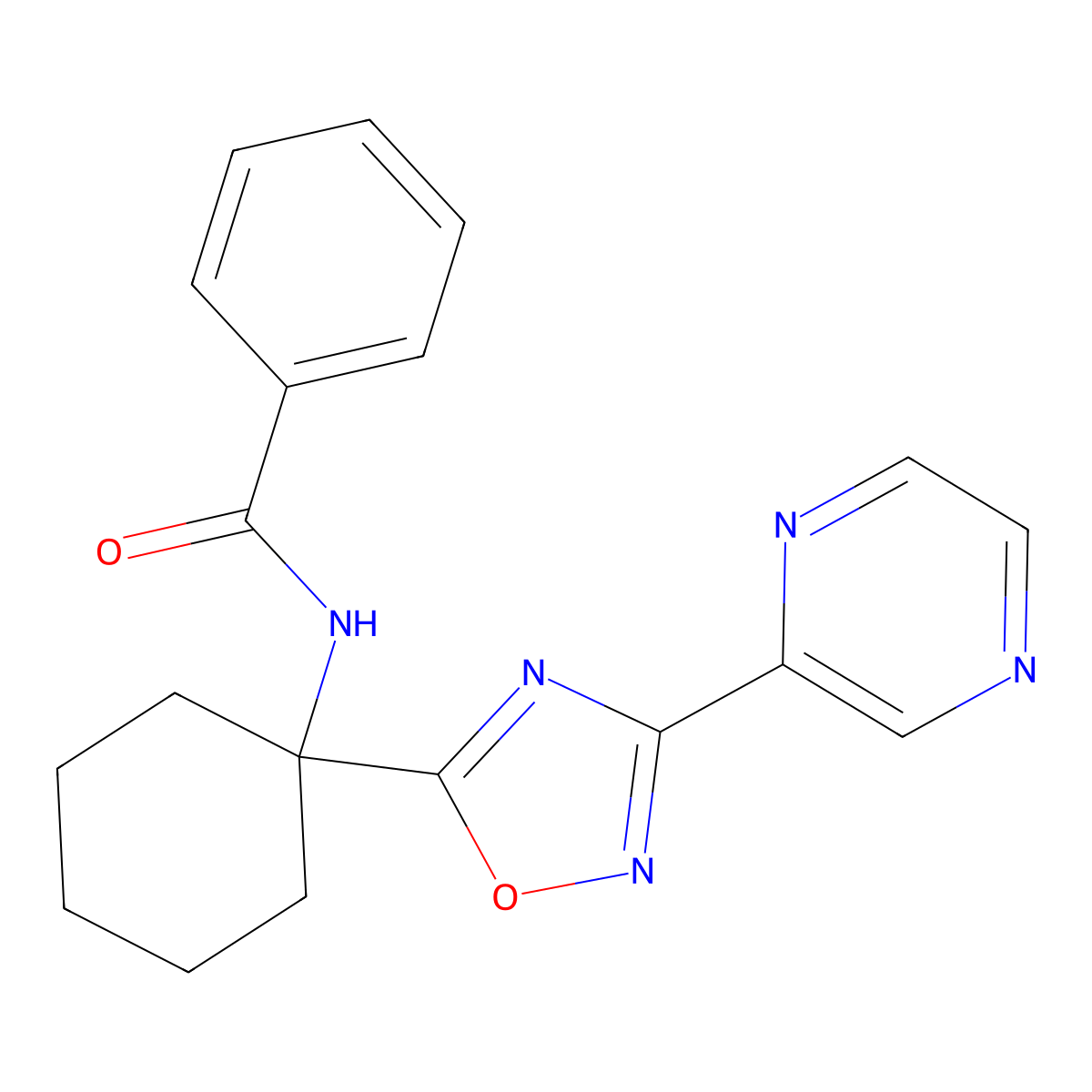 N-{1-[3-(pyrazin-2-yl)-1,2,4-oxadiazol-5-yl]cyclohexyl}benzamide molecular structure, CAS 2319923-59-4