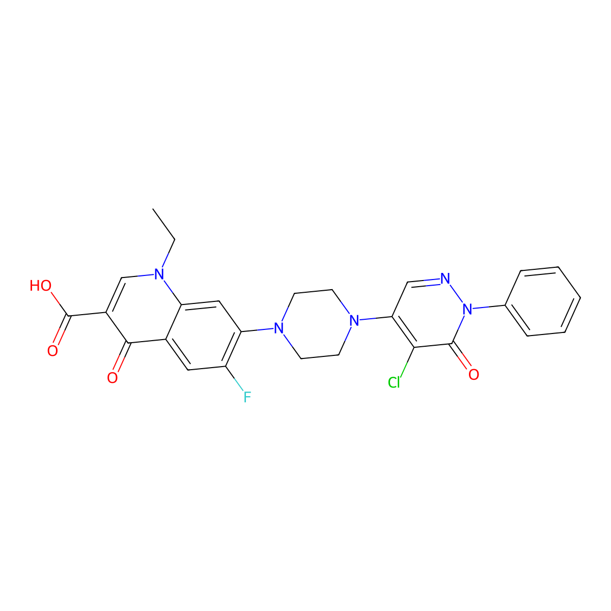 7-[4-(5-Chloro-6-oxo-1-phenyl-1,6-dihydropyridazin-4-yl)piperazin-1-yl]-1-ethyl-6-fluoro-4-oxo-1,4-dihydroquinoline-3-carboxylic acid molecular structure, CAS 2319923-96-9