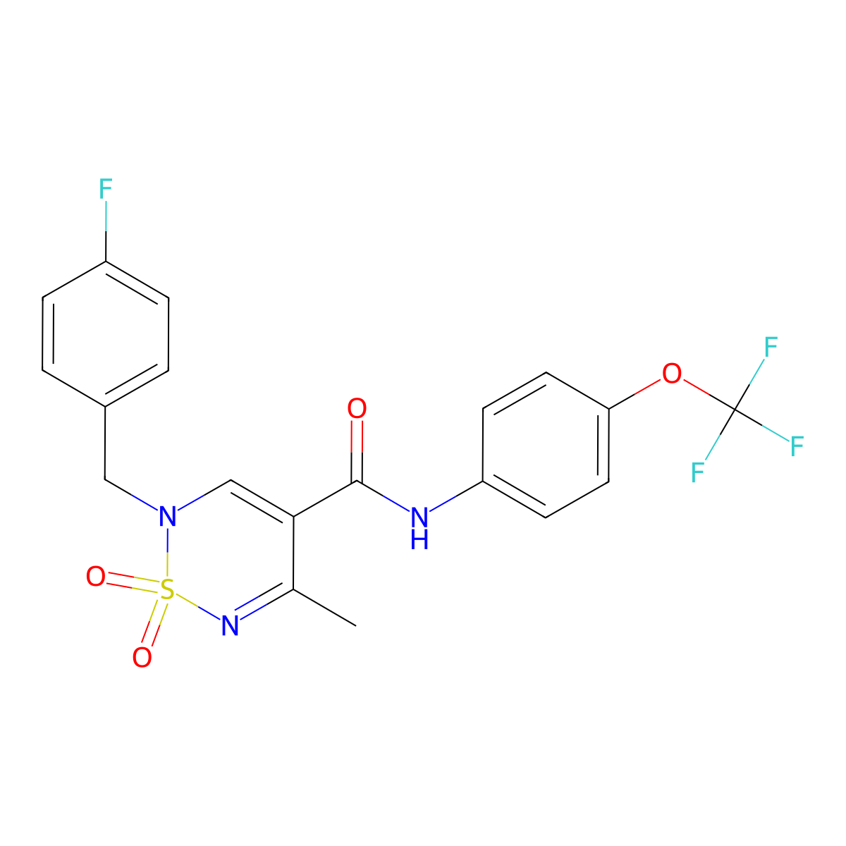 2-[(4-fluorophenyl)methyl]-5-methyl-1,1-dioxo-N-[4-(trifluoromethoxy)phenyl]-1,2,6-thiadiazine-4-carboxamide molecular structure, CAS 2319985-61-8