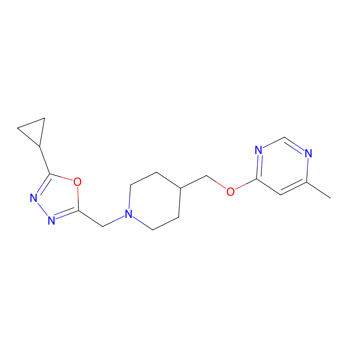 4-({1-[(5-Cyclopropyl-1,3,4-oxadiazol-2-yl)methyl]piperidin-4-yl}methoxy)-6-methylpyrimidine molecular structure, CAS 2320142-71-8