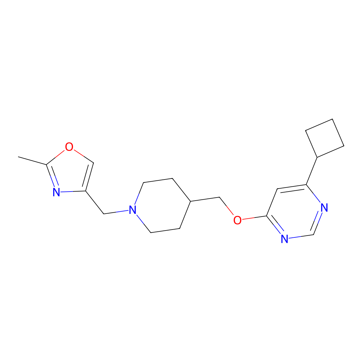 4-Cyclobutyl-6-({1-[(2-methyl-1,3-oxazol-4-yl)methyl]piperidin-4-yl}methoxy)pyrimidine molecular structure, CAS 2320143-41-5