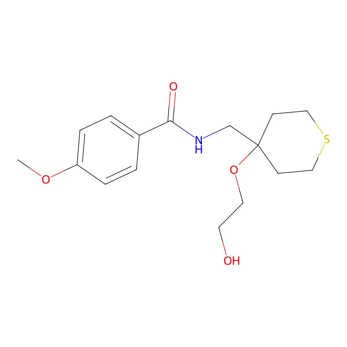 N-((4-(2-hydroxyethoxy)tetrahydro-2H-thiopyran-4-yl)methyl)-4-methoxybenzamide molecular structure, CAS 2320143-57-3