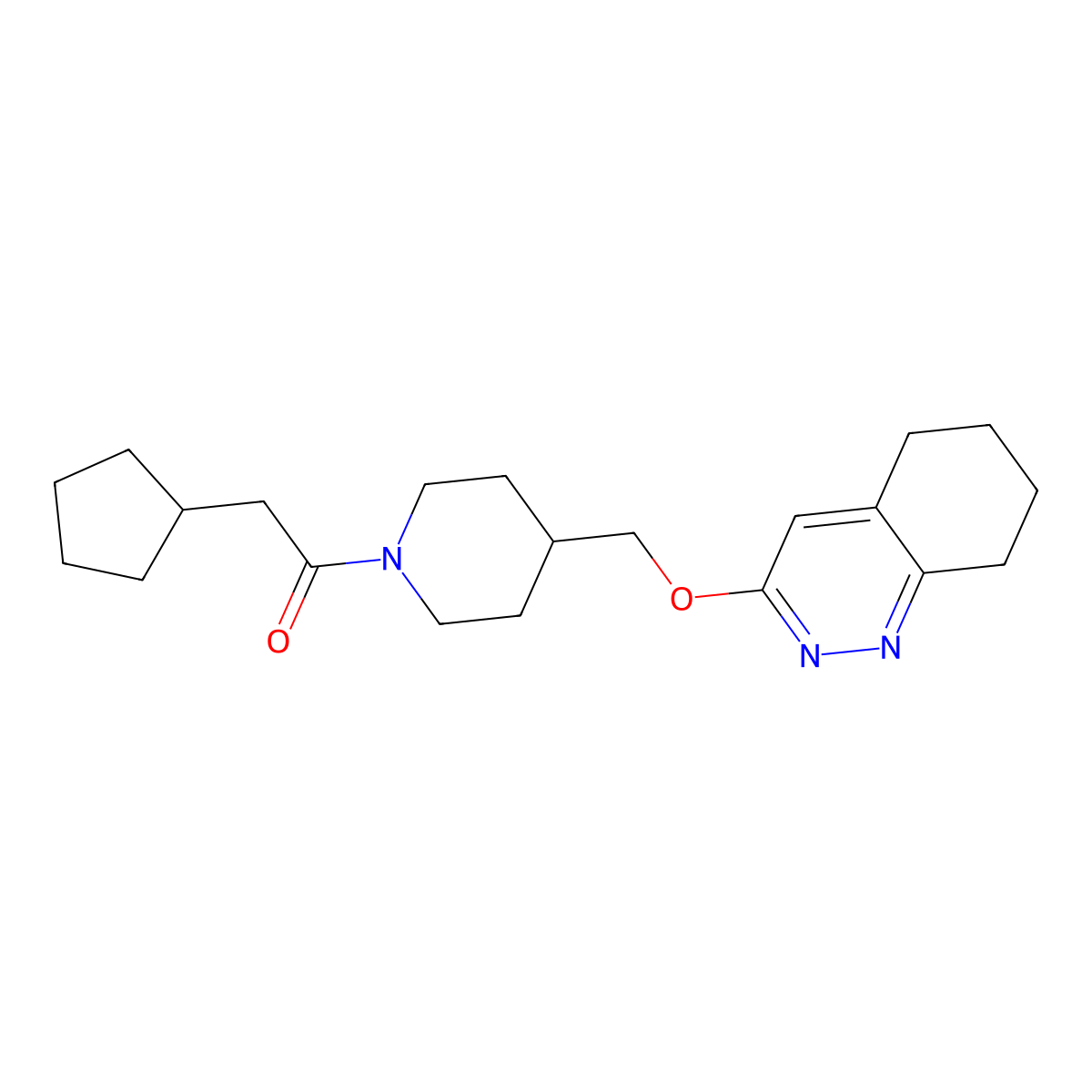 2-Cyclopentyl-1-{4-[(5,6,7,8-tetrahydrocinnolin-3-yloxy)methyl]piperidin-1-yl}ethan-1-one molecular structure, CAS 2320143-85-7