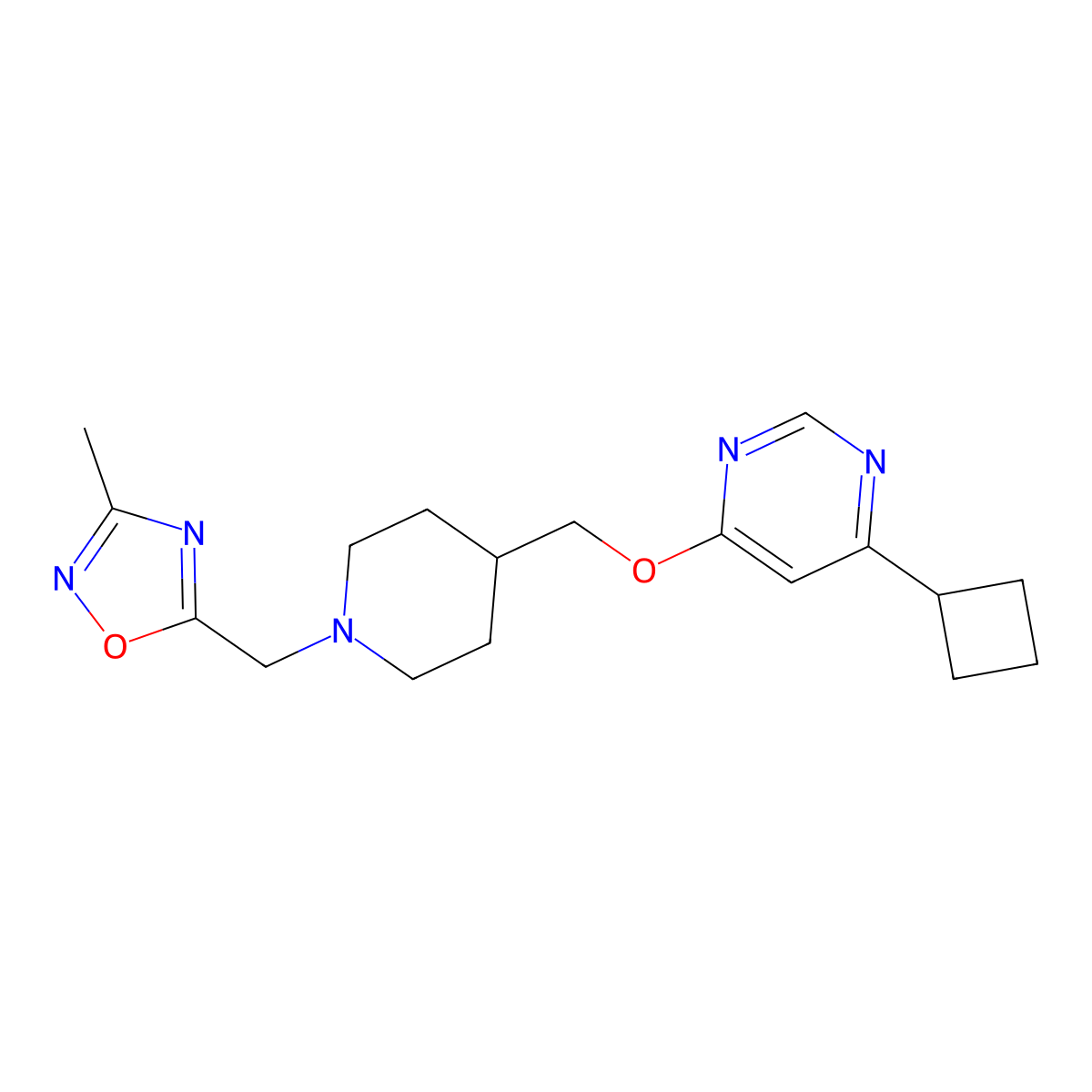 4-Cyclobutyl-6-({1-[(3-methyl-1,2,4-oxadiazol-5-yl)methyl]piperidin-4-yl}methoxy)pyrimidine molecular structure, CAS 2320144-64-5