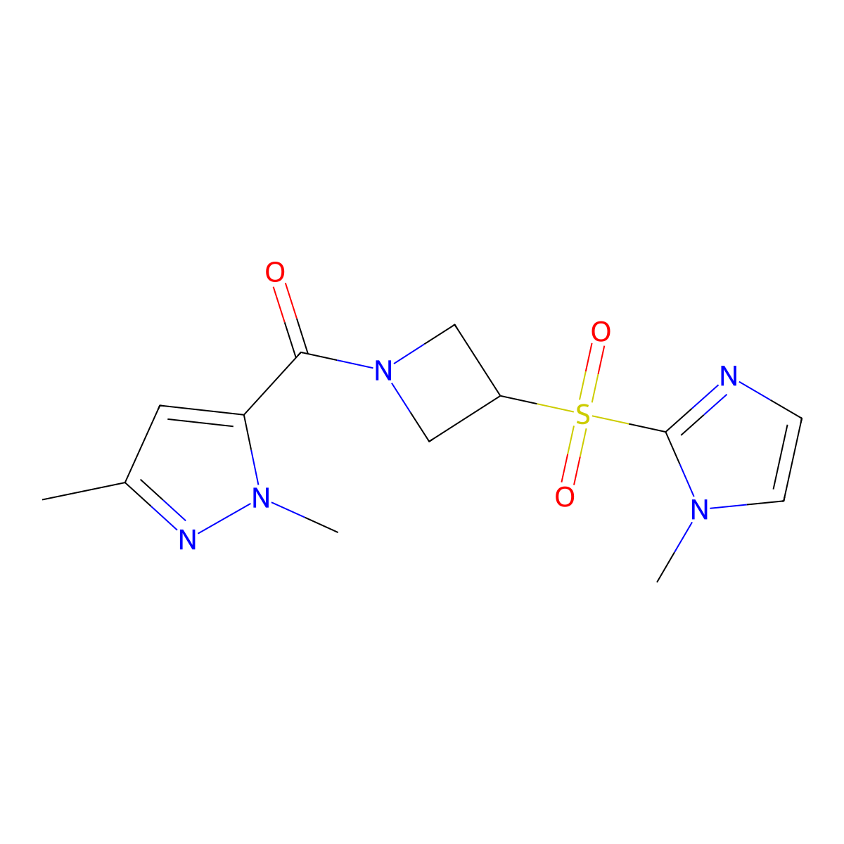 1,3-dimethyl-5-{3-[(1-methyl-1H-imidazol-2-yl)sulfonyl]azetidine-1-carbonyl}-1H-pyrazole molecular structure, CAS 2320144-91-8