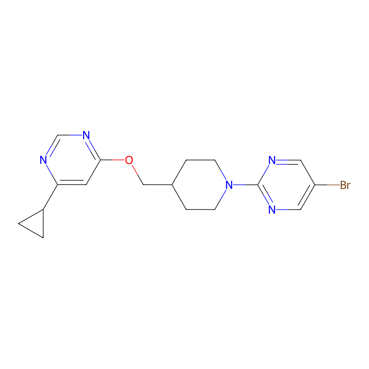5-Bromo-2-(4-{[(6-cyclopropylpyrimidin-4-yl)oxy]methyl}piperidin-1-yl)pyrimidine molecular structure, CAS 2320145-15-9