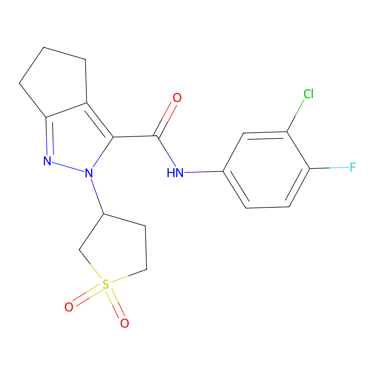 N-(3-chloro-4-fluorophenyl)-2-(1,1-dioxidotetrahydrothiophen-3-yl)-2,4,5,6-tetrahydrocyclopenta[c]pyrazole-3-carboxamide molecular structure, CAS 2320145-93-3