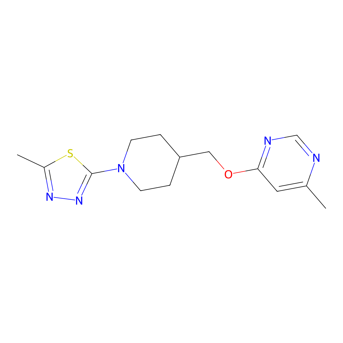 2-Methyl-5-(4-(((6-methylpyrimidin-4-yl)oxy)methyl)piperidin-1-yl)-1,3,4-thiadiazole molecular structure, CAS 2320146-07-2