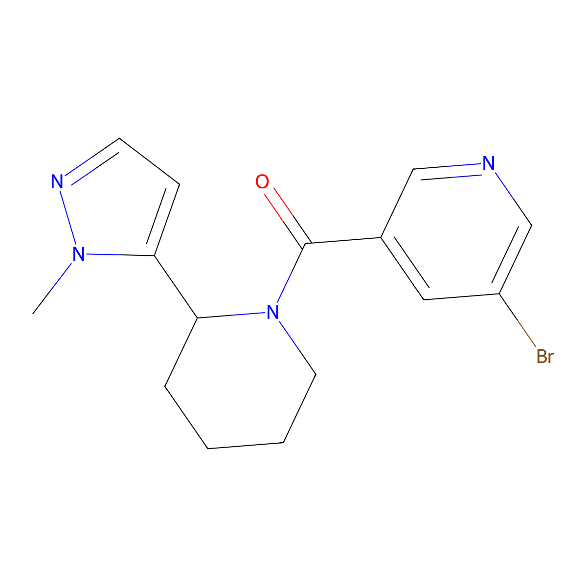 3-bromo-5-[2-(1-methyl-1H-pyrazol-5-yl)piperidine-1-carbonyl]pyridine molecular structure, CAS 2320146-41-4
