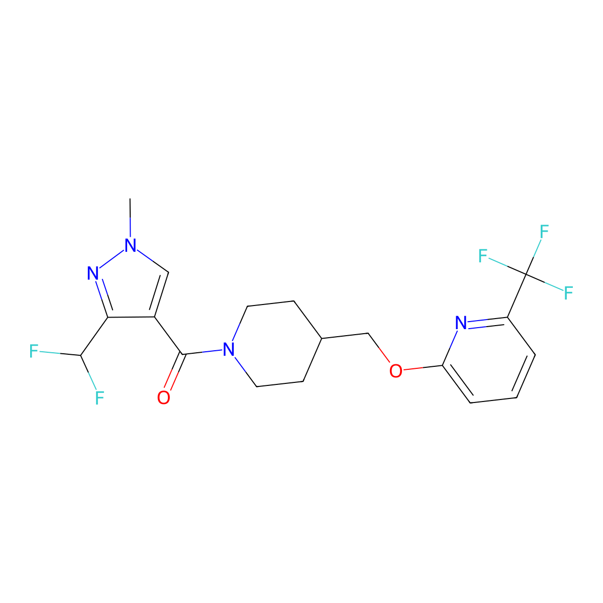 2-({1-[3-(difluoromethyl)-1-methyl-1H-pyrazole-4-carbonyl]piperidin-4-yl}methoxy)-6-(trifluoromethyl)pyridine molecular structure, CAS 2320146-69-6