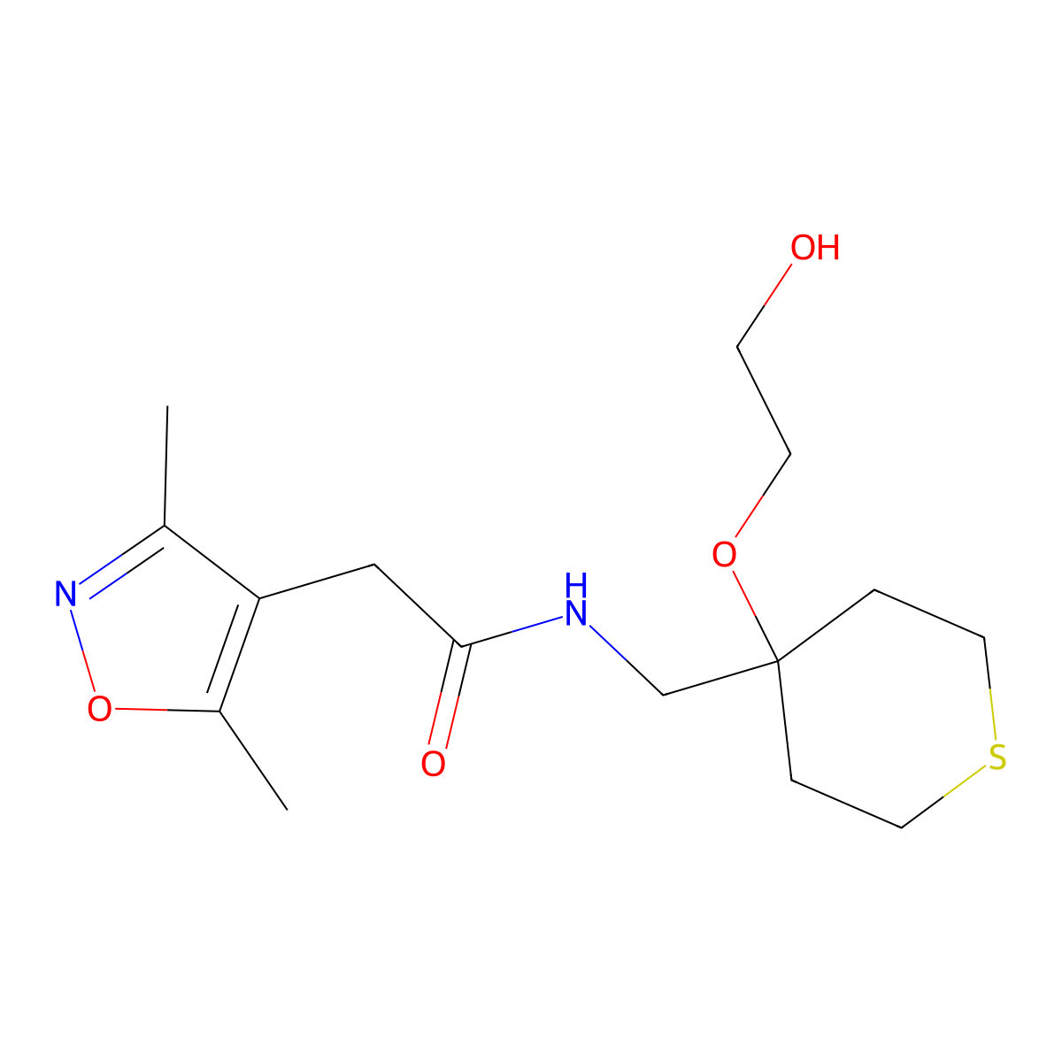 2-(3,5-dimethylisoxazol-4-yl)-N-((4-(2-hydroxyethoxy)tetrahydro-2H-thiopyran-4-yl)methyl)acetamide molecular structure, CAS 2320147-91-7