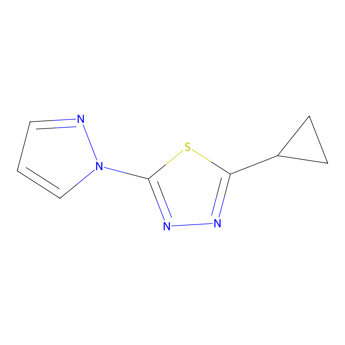 2-cyclopropyl-5-(1H-pyrazol-1-yl)-1,3,4-thiadiazole molecular structure, CAS 2320148-19-2