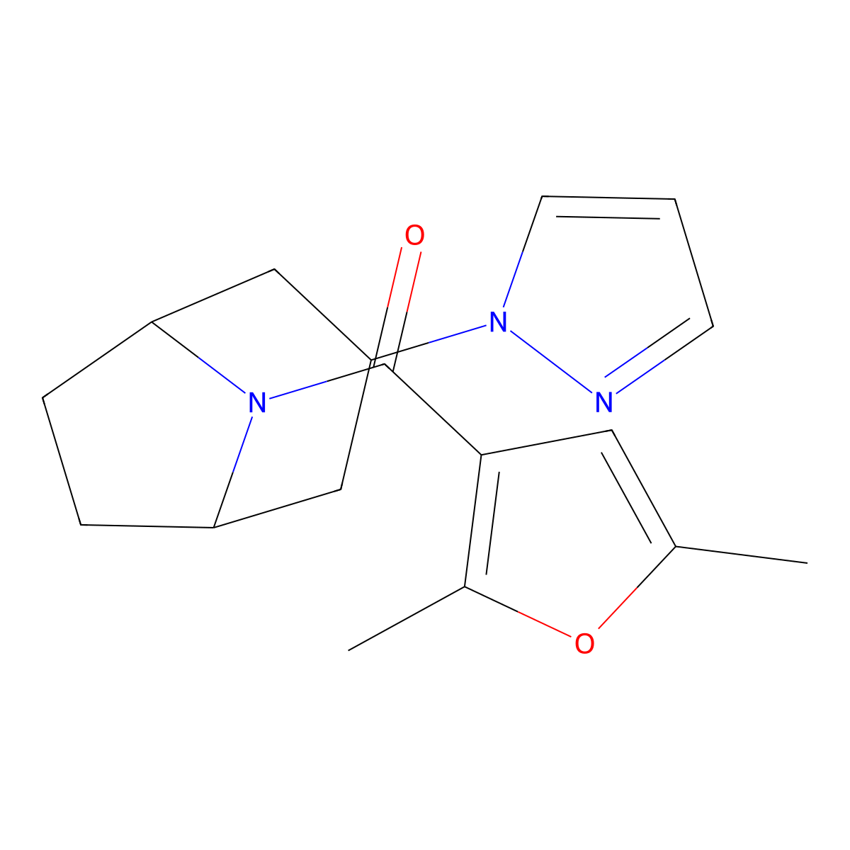 8-(2,5-dimethylfuran-3-carbonyl)-3-(1H-pyrazol-1-yl)-8-azabicyclo[3.2.1]octane molecular structure, CAS 2320148-56-7