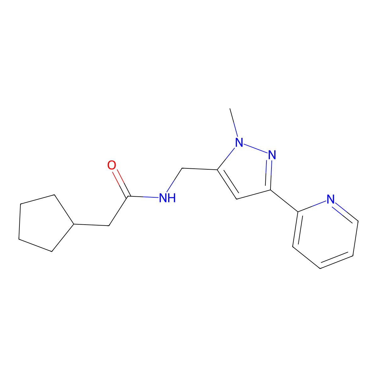 2-cyclopentyl-N-{[1-methyl-3-(pyridin-2-yl)-1H-pyrazol-5-yl]methyl}acetamide molecular structure, CAS 2320149-83-3