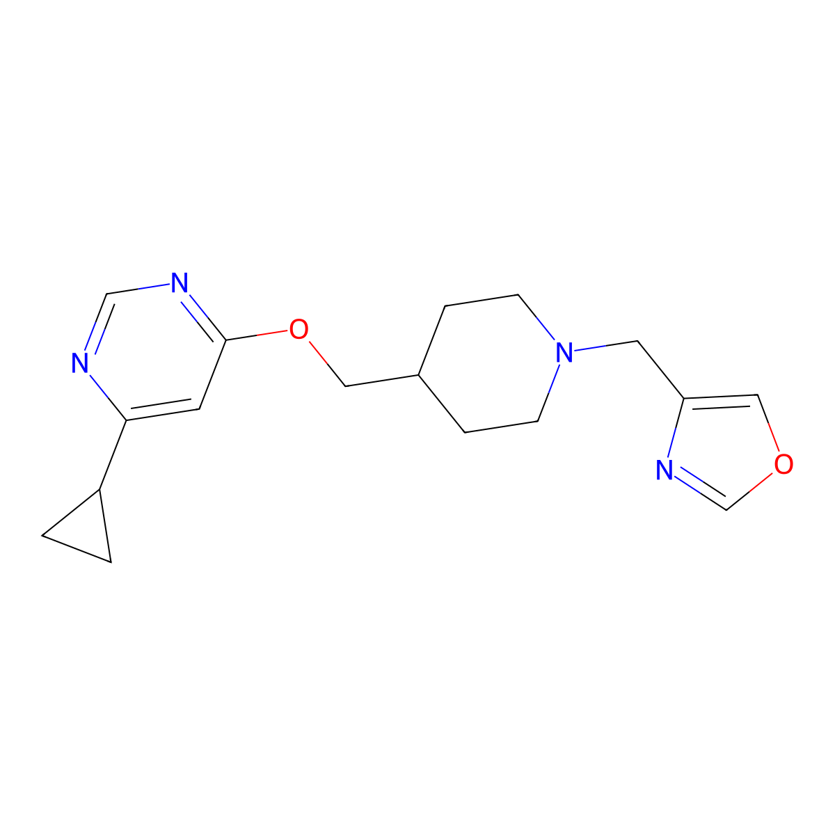 4-((4-(((6-Cyclopropylpyrimidin-4-yl)oxy)methyl)piperidin-1-yl)methyl)oxazole molecular structure, CAS 2320150-32-9