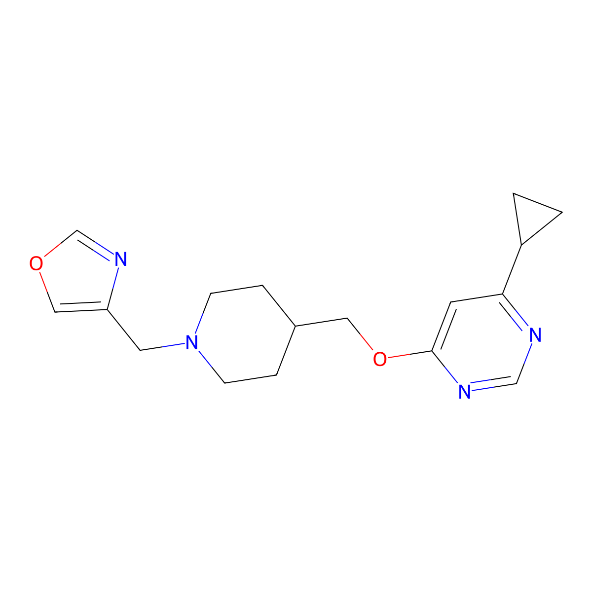 4-((4-(((6-Cyclopropylpyrimidin-4-yl)oxy)methyl)piperidin-1-yl)methyl)oxazole molecular structure, CAS 2320150-32-9