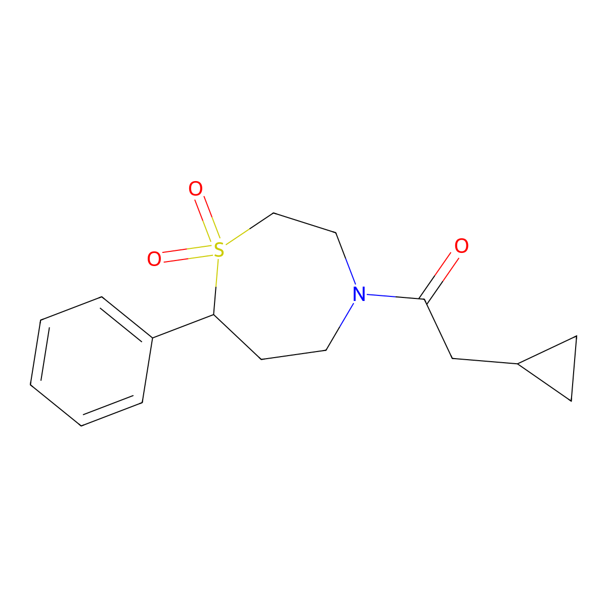 2-Cyclopropyl-1-(1,1-dioxido-7-phenyl-1,4-thiazepan-4-yl)ethanone molecular structure, CAS 2320150-35-2