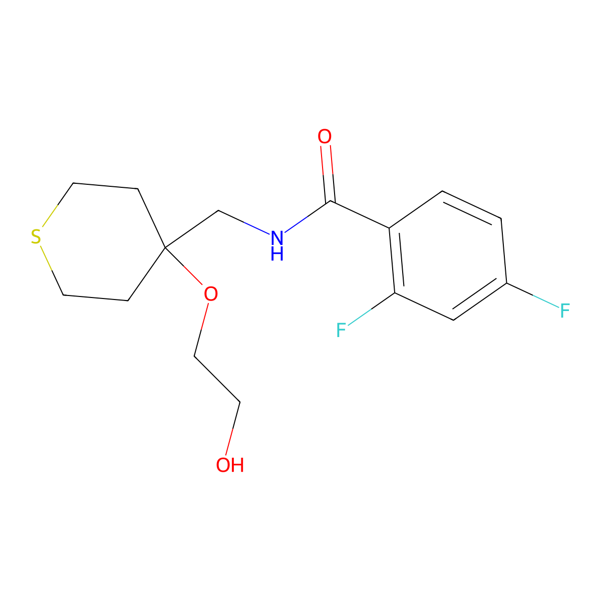 2,4-difluoro-N-{[4-(2-hydroxyethoxy)thian-4-yl]methyl}benzamide molecular structure, CAS 2320150-63-6