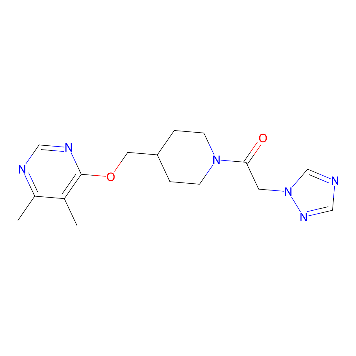 1-(4-{[(5,6-dimethylpyrimidin-4-yl)oxy]methyl}piperidin-1-yl)-2-(1H-1,2,4-triazol-1-yl)ethan-1-one molecular structure, CAS 2320172-22-1