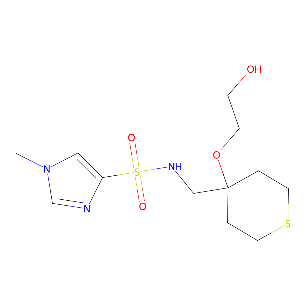 N-((4-(2-hydroxyethoxy)tetrahydro-2H-thiopyran-4-yl)methyl)-1-methyl-1H-imidazole-4-sulfonamide molecular structure, CAS 2320172-72-1