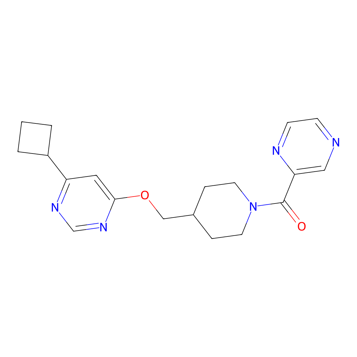 4-Cyclobutyl-6-{[1-(pyrazine-2-carbonyl)piperidin-4-yl]methoxy}pyrimidine molecular structure, CAS 2320172-90-3