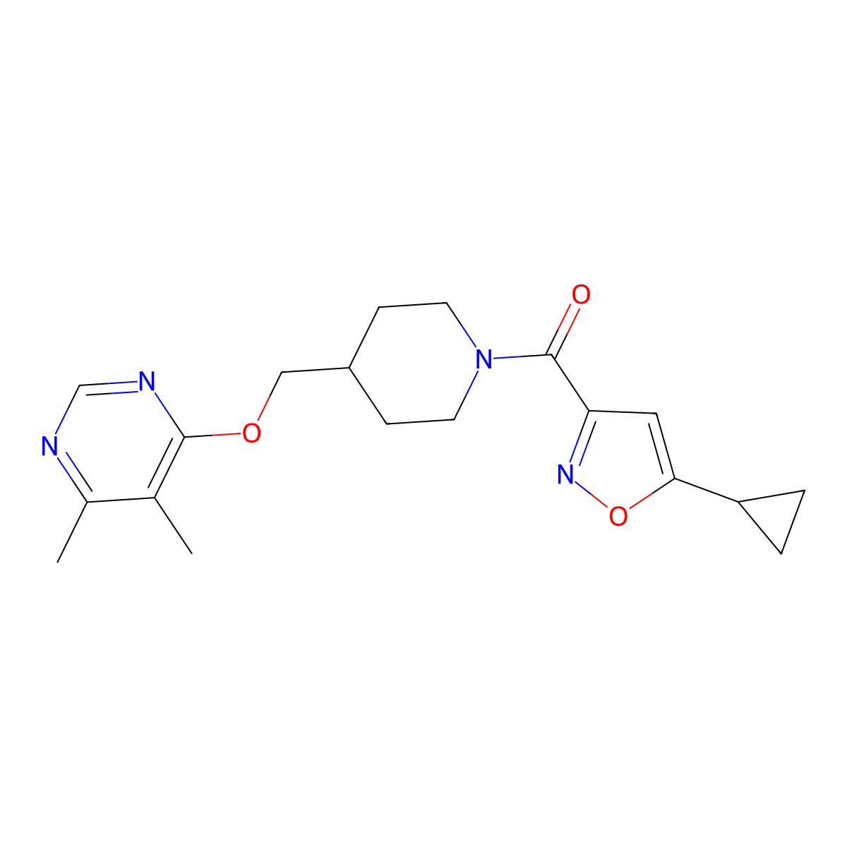 (5-Cyclopropylisoxazol-3-yl)(4-(((5,6-dimethylpyrimidin-4-yl)oxy)methyl)piperidin-1-yl)methanone molecular structure, CAS 2320172-99-2