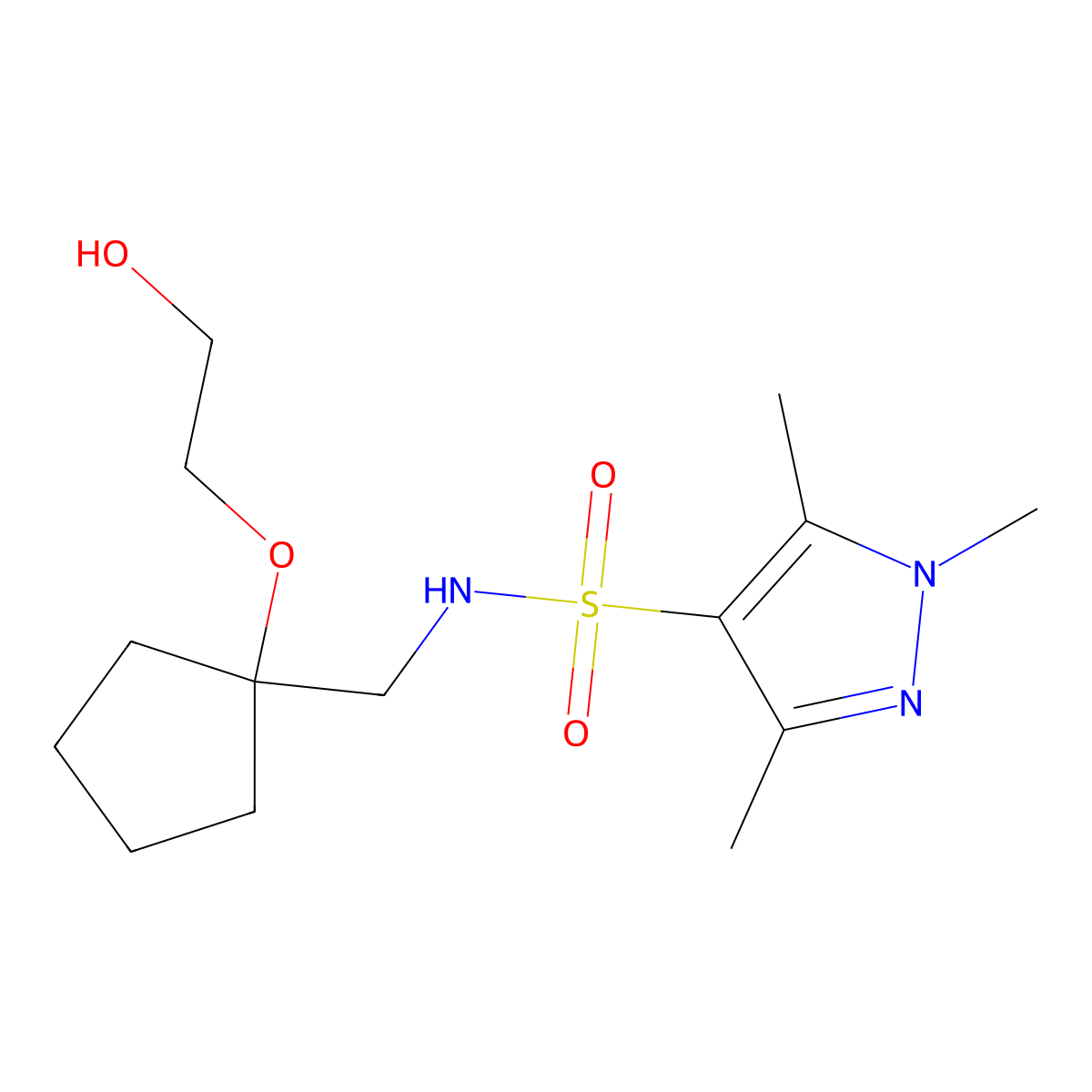 N-((1-(2-hydroxyethoxy)cyclopentyl)methyl)-1,3,5-trimethyl-1H-pyrazole-4-sulfonamide molecular structure, CAS 2320173-08-6