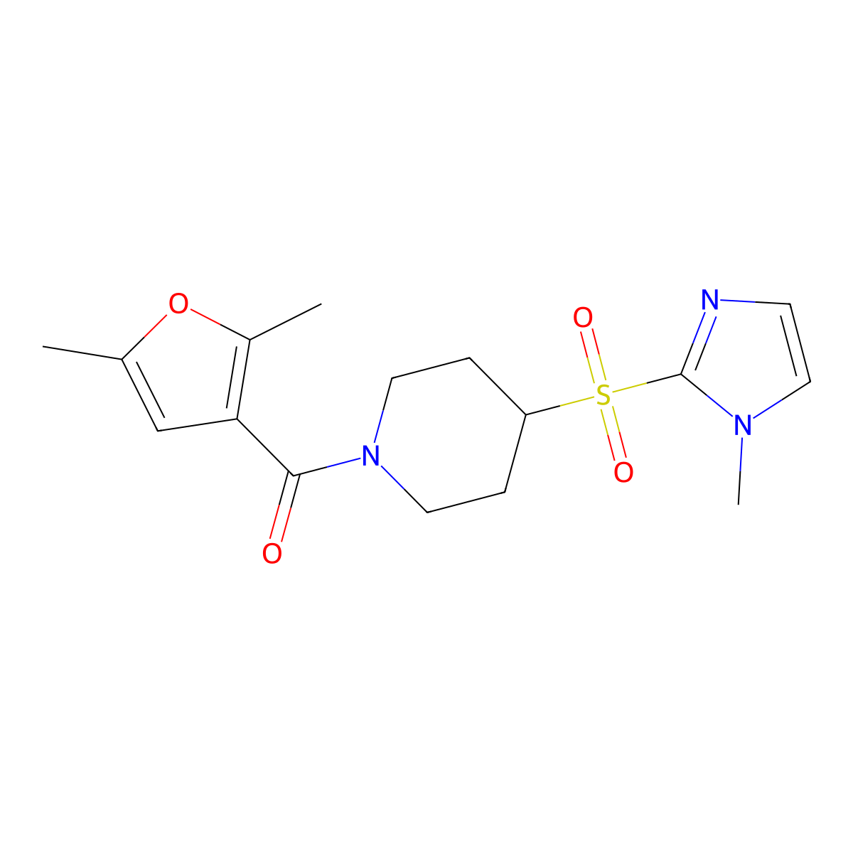 1-(2,5-dimethylfuran-3-carbonyl)-4-[(1-methyl-1H-imidazol-2-yl)sulfonyl]piperidine molecular structure, CAS 2320173-30-4