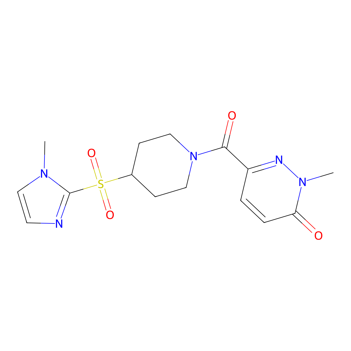2-methyl-6-(4-((1-methyl-1H-imidazol-2-yl)sulfonyl)piperidine-1-carbonyl)pyridazin-3(2H)-one molecular structure, CAS 2320173-75-7