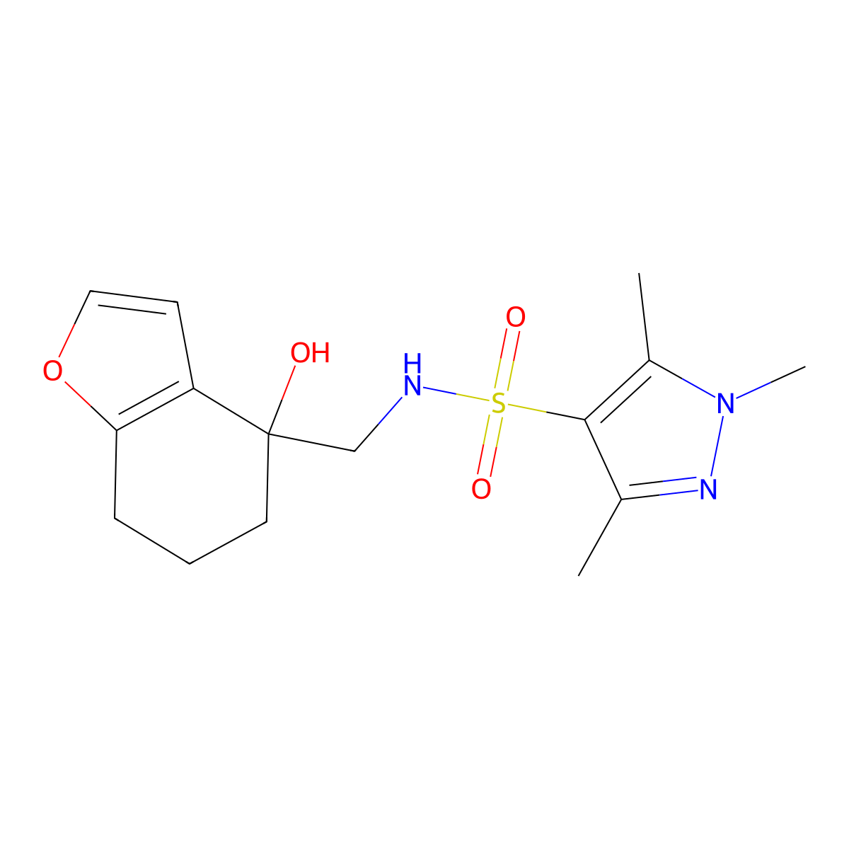 N-[(4-hydroxy-4,5,6,7-tetrahydro-1-benzofuran-4-yl)methyl]-1,3,5-trimethyl-1H-pyrazole-4-sulfonamide molecular structure, CAS 2320174-49-8