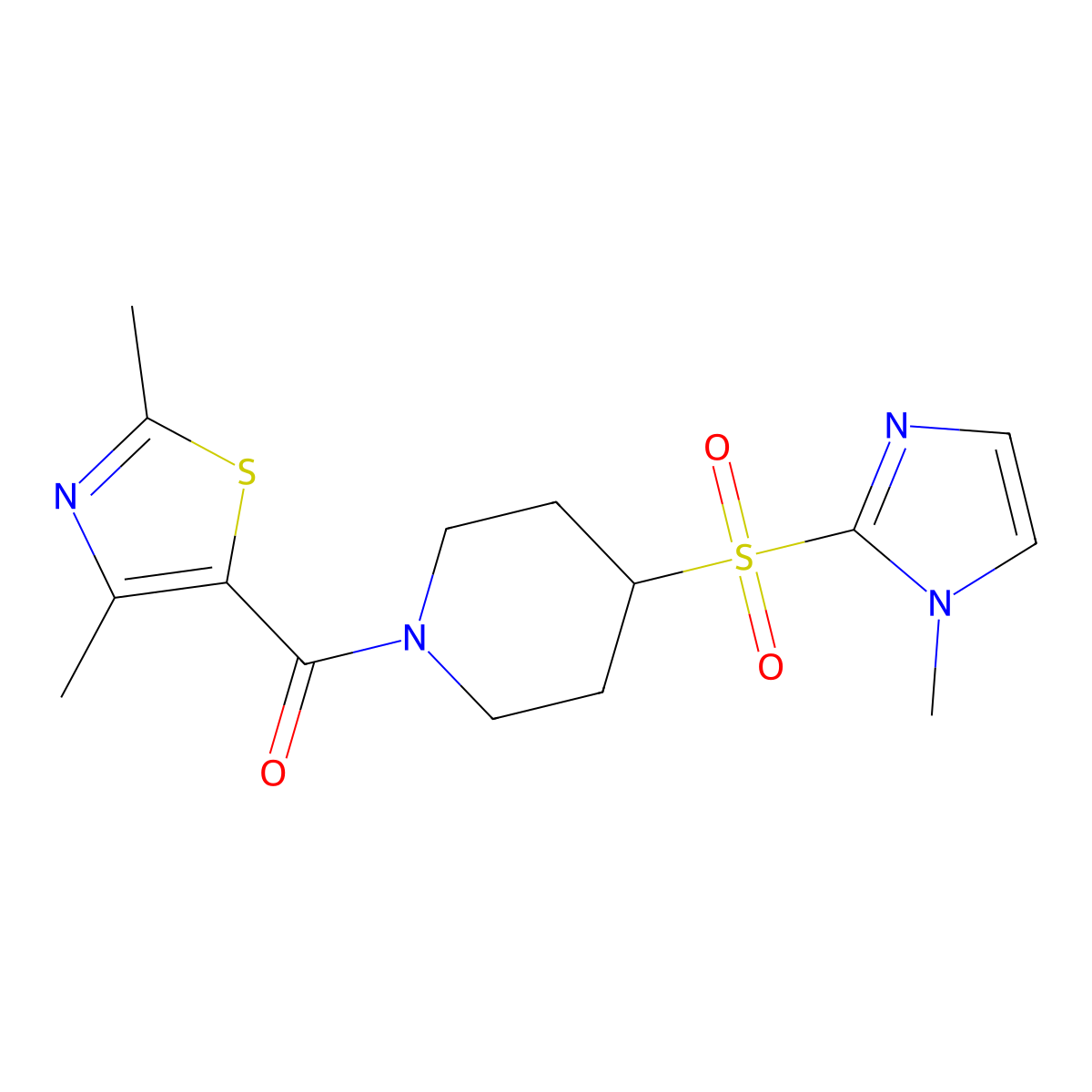 (2,4-dimethylthiazol-5-yl)(4-((1-methyl-1H-imidazol-2-yl)sulfonyl)piperidin-1-yl)methanone molecular structure, CAS 2320175-48-0