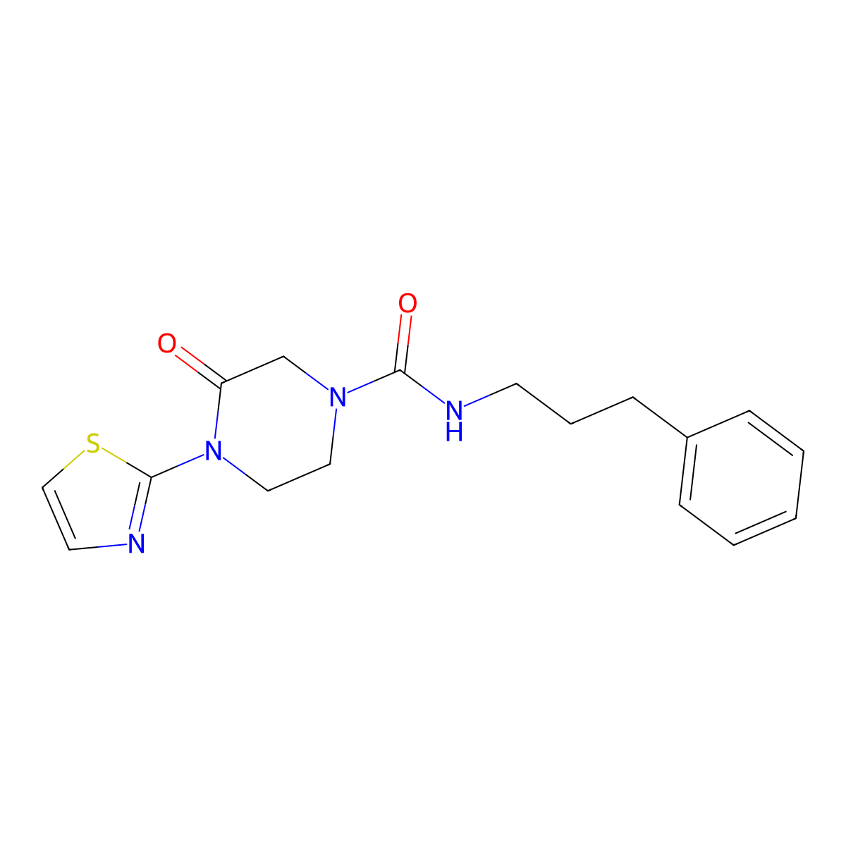 3-oxo-N-(3-phenylpropyl)-4-(1,3-thiazol-2-yl)piperazine-1-carboxamide molecular structure, CAS 2320176-09-6