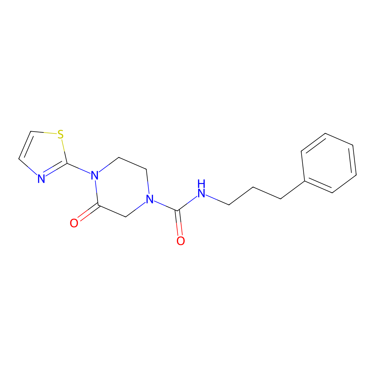 3-oxo-N-(3-phenylpropyl)-4-(1,3-thiazol-2-yl)piperazine-1-carboxamide molecular structure, CAS 2320176-09-6