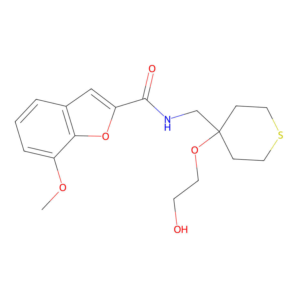 N-((4-(2-hydroxyethoxy)tetrahydro-2H-thiopyran-4-yl)methyl)-7-methoxybenzofuran-2-carboxamide molecular structure, CAS 2320176-49-4