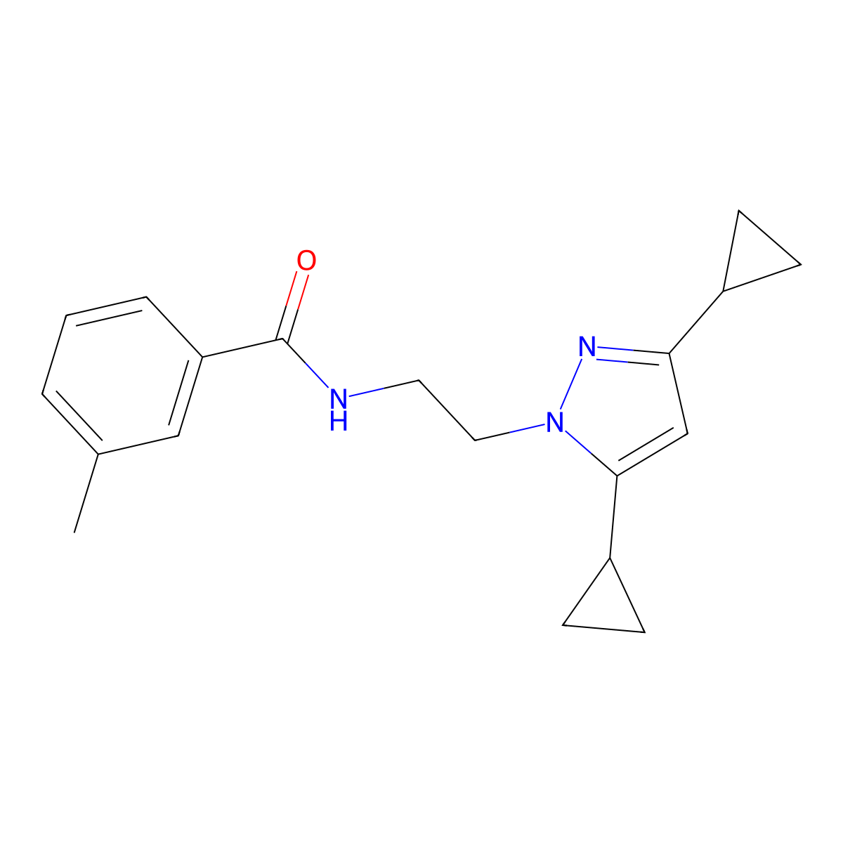 N-[2-(3,5-dicyclopropyl-1H-pyrazol-1-yl)ethyl]-3-methylbenzamide molecular structure, CAS 2320176-59-6