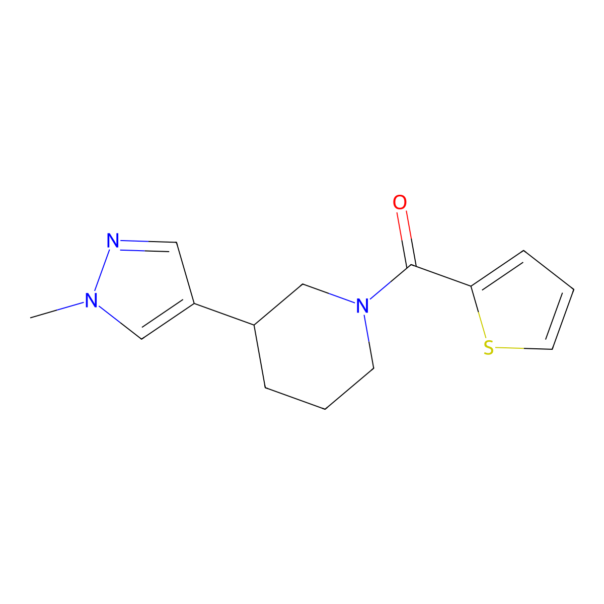 3-(1-methyl-1H-pyrazol-4-yl)-1-(thiophene-2-carbonyl)piperidine molecular structure, CAS 2320176-93-8
