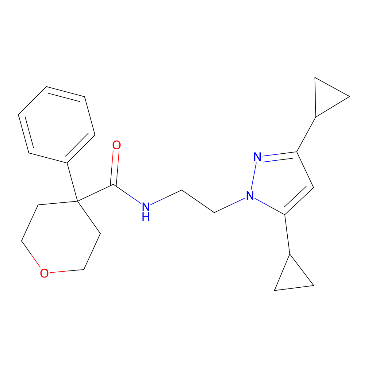 N-[2-(3,5-dicyclopropyl-1H-pyrazol-1-yl)ethyl]-4-phenyloxane-4-carboxamide molecular structure, CAS 2320179-33-5